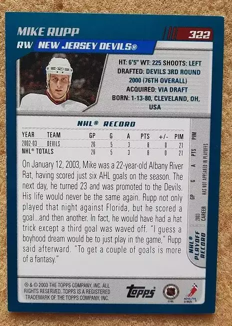 НХЛ Майк Рапп Нью-Джерси Дэвилз № 322 1