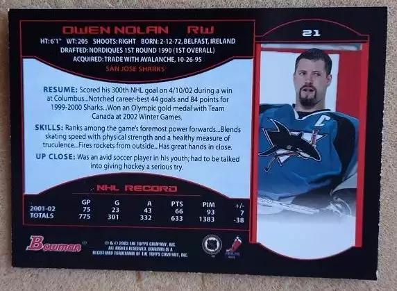 НХЛ Оуэн Нолан Сан-Хосе Шаркс № 21 1