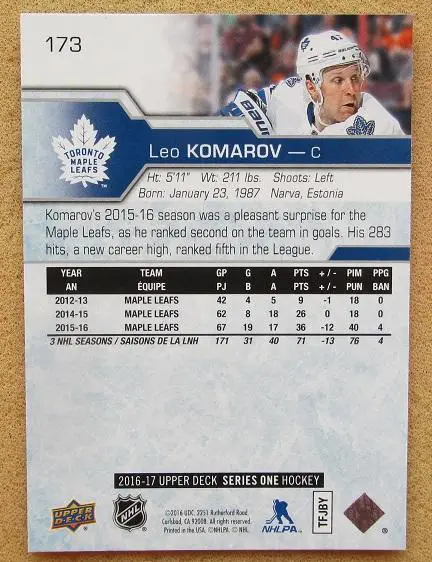 НХЛ Лео Комаров Торонто Мэйпл Лифс Динамо Москва № 173 1