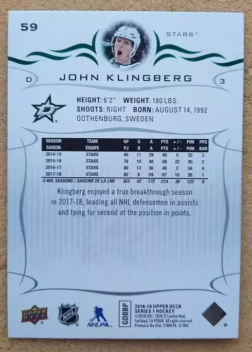 НХЛ Джон Клингберг Даллас Старз № 59 1