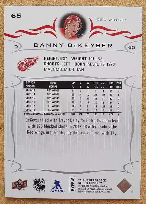 НХЛ Дэнни Декейсер Детройт Ред Уингз № 65 1