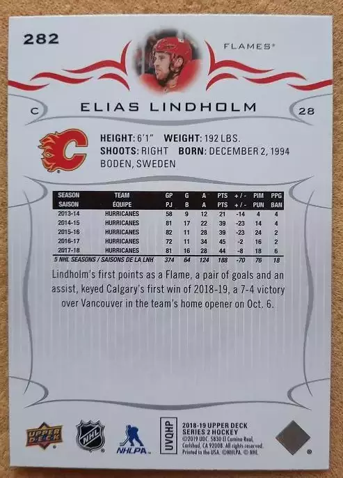 НХЛ Элиас Линдхольм Калгари Флэймз № 282 1