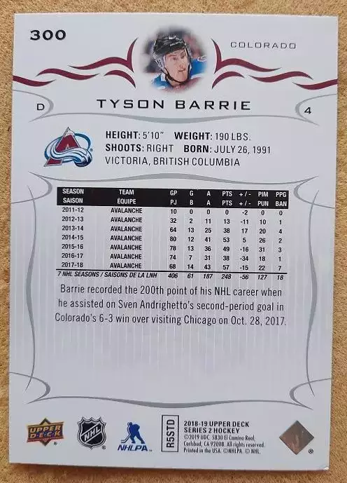 НХЛ Тайсон Бэрри Колорадо Эвеланш № 300 1