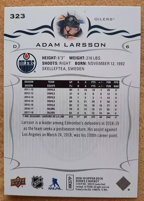 НХЛ Адам Ларссон Эдмонтон Ойлерз № 323 1