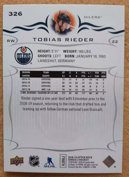 НХЛ Тобиас Ридер Эдмонтон Ойлерз № 326 1