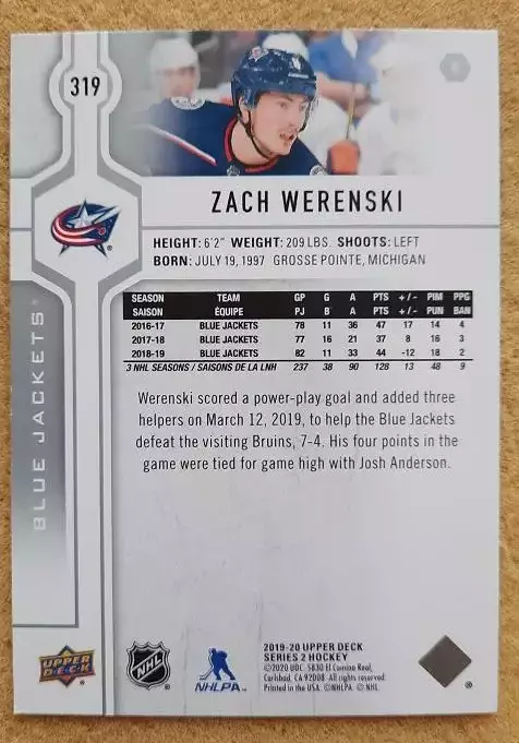 НХЛ Зак Веренски Коламбус Блю Джекетс № 319 1