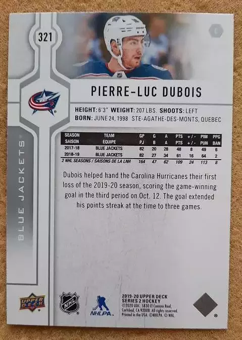 НХЛ Пьер-Люк Дюбуа Коламбус Блю Джекетс № 321 1