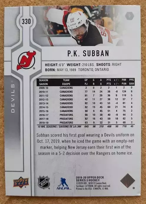 НХЛ Пи-Кей Суббан Нью-Джерси Дэвилз № 330 1