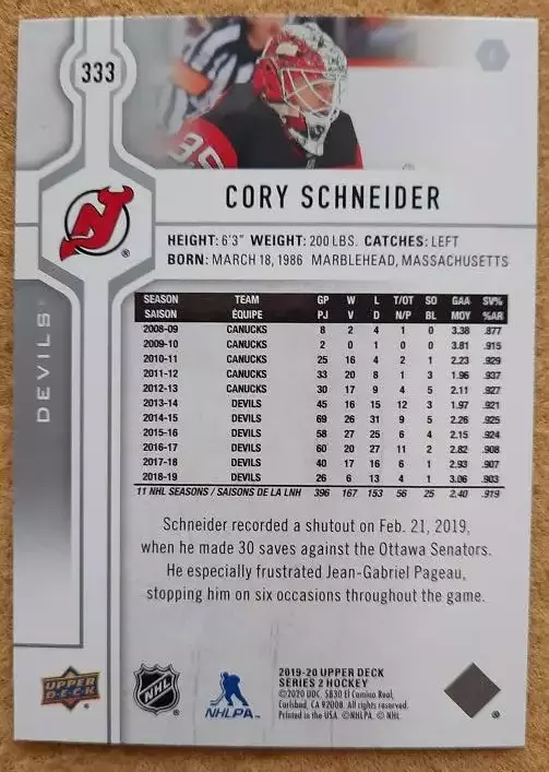 НХЛ Кори Шнайдер Нью-Джерси Дэвилз № 333 1