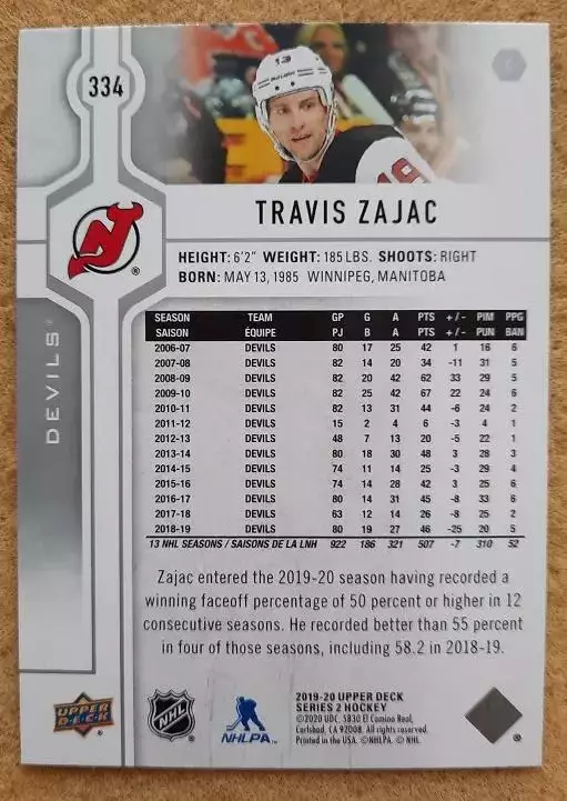НХЛ Трэвис Зэйджек Нью-Джерси Дэвилз № 334 1