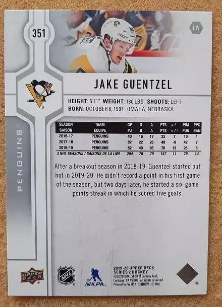 НХЛ Джейк Генцел Питтсбург Пингвинз № 351 1