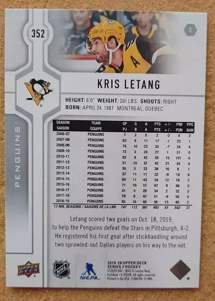НХЛ Крис Летанг Питтсбург Пингвинз № 352 1