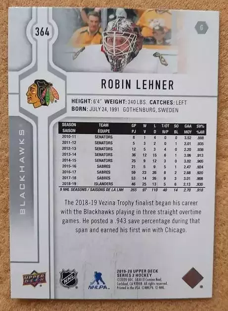 НХЛ Робин Ленер Чикаго Блэкхокс № 364 1