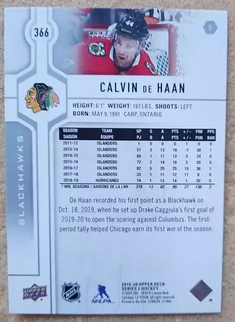 НХЛ Кэлвин Де Хаан Чикаго Блэкхокс № 366 1