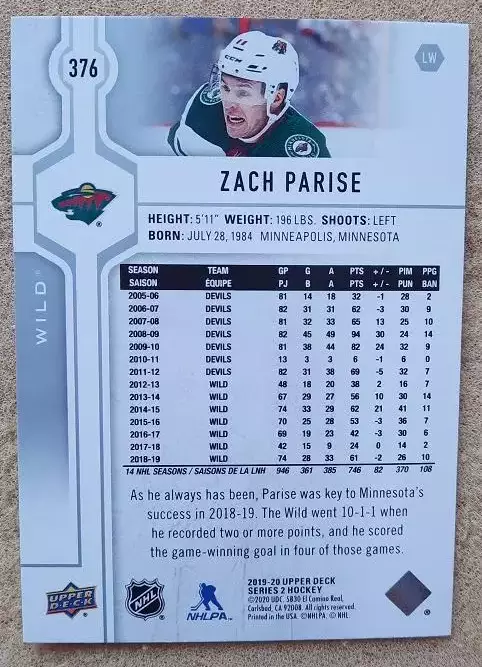 НХЛ Зак Паризе Миннесота Уайлд № 376 1