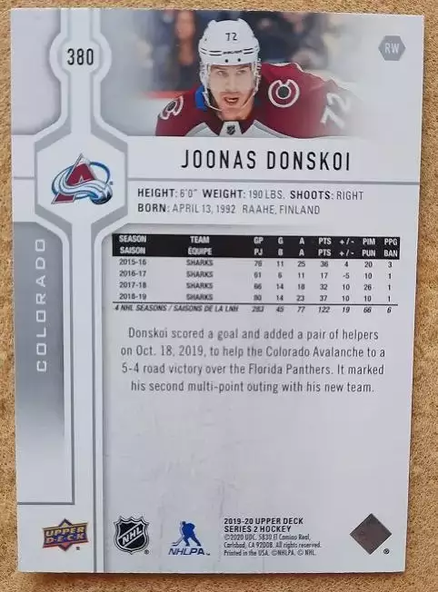 НХЛ Йоонас Донской Колорадо Эвеланш № 380 1