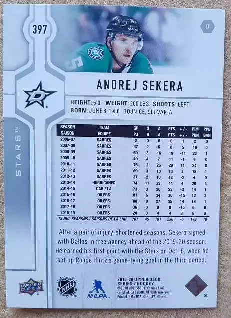 НХЛ Андрей Секера Даллас Старз № 397 1