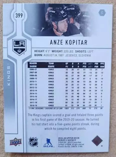 НХЛ Анже Копитар Лос-Анжелес Кингз № 399 1