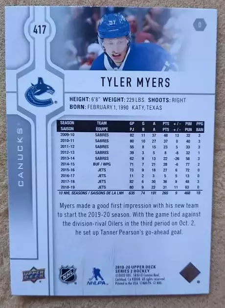 НХЛ Тайлер Майерс Ванкувер Кэнакс № 417 1
