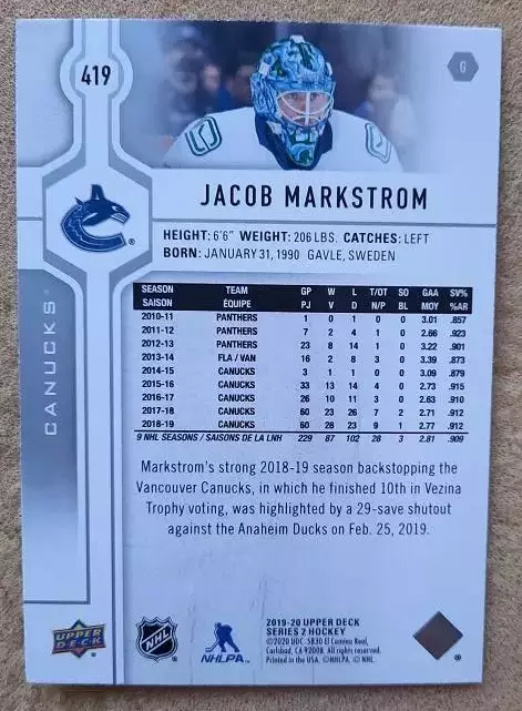 НХЛ Якоб Маркстрем Ванкувер Кэнакс № 419 1