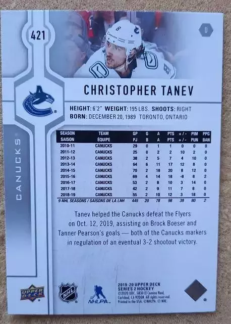 НХЛ Крис Танев Ванкувер Кэнакс № 421 1