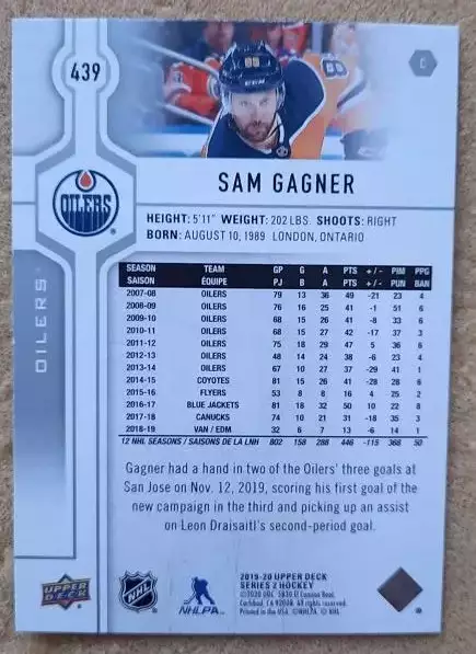 НХЛ Сэм Ганье Эдмонтон Ойлерз № 439 1
