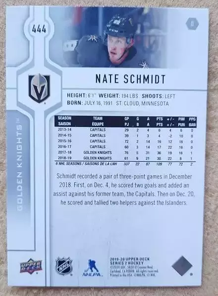 НХЛ Нэйт Шмидт Вегас Голден Найтс № 444 1