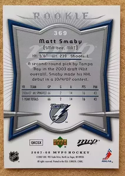 НХЛ Мэтт Смэйби Тампа Бэй Лайтнинг № 369 1