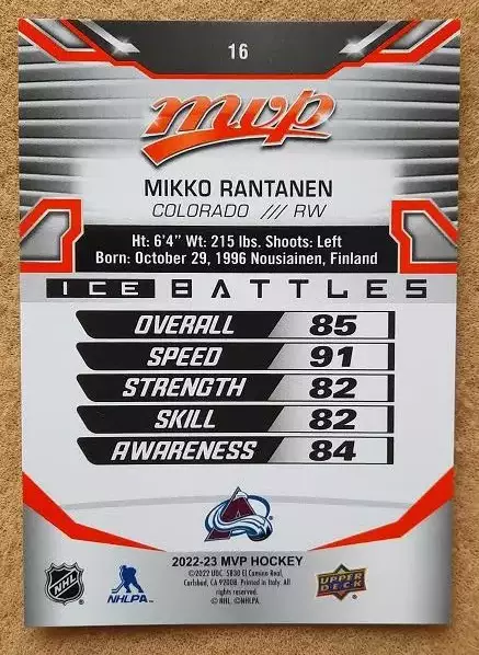 НХЛ Микко Рантанен Колорадо Эвеланш № 16 айс 1