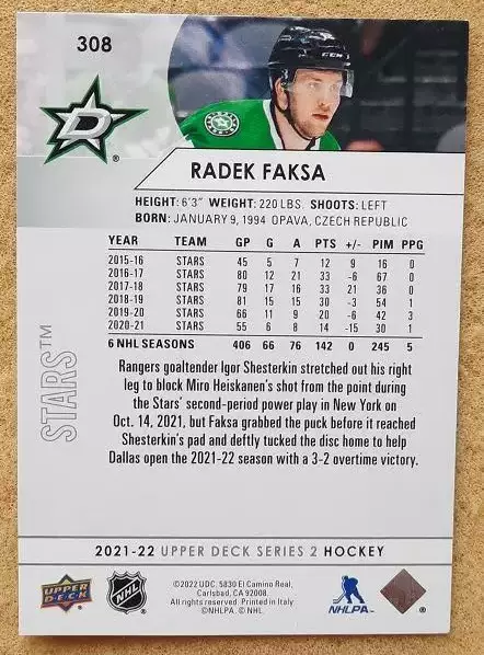 НХЛ Радек Факса Даллас Старз № 308 1