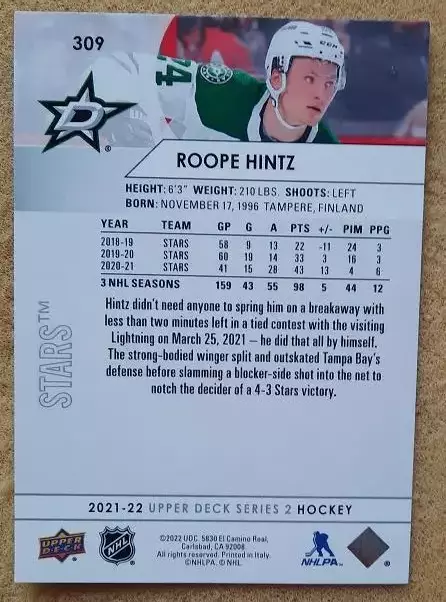 НХЛ Роопе Хинц Даллас Старз № 309 1