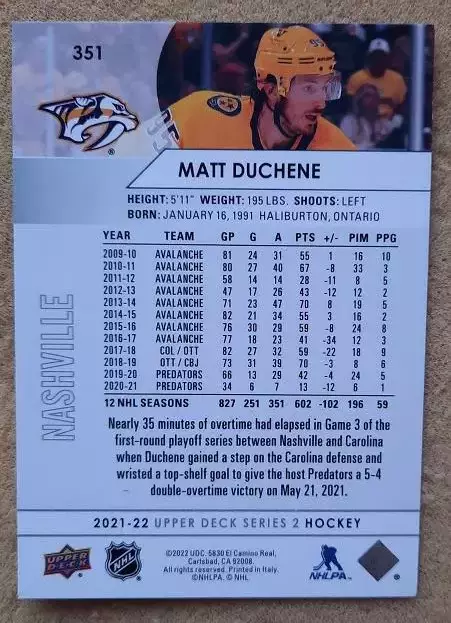 НХЛ Мэтт Дюшен Нэшвилл Предаторз № 351 1