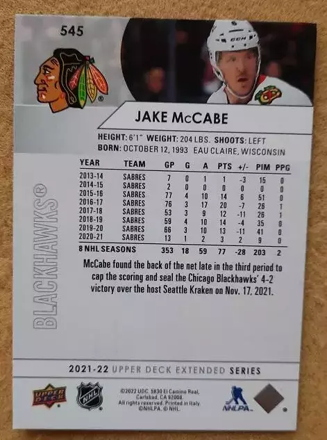 НХЛ Джейк Маккейб Чикаго Блэкхокс № 545 1