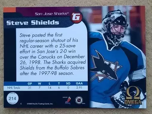 НХЛ Стив Шилдс Сан-Хосе Шаркс № 214 1