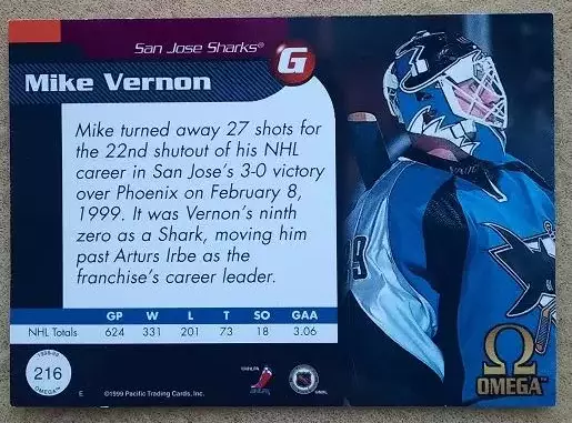НХЛ Майк Вернон Сан-Хосе Шаркс № 216 1