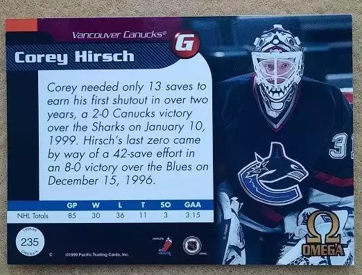 НХЛ Кори Хирш Ванкувер Кэнакс № 235 1