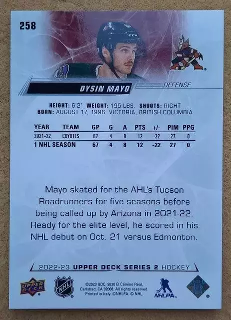 НХЛ Дайсин Майо Аризона Койотис № 258 1