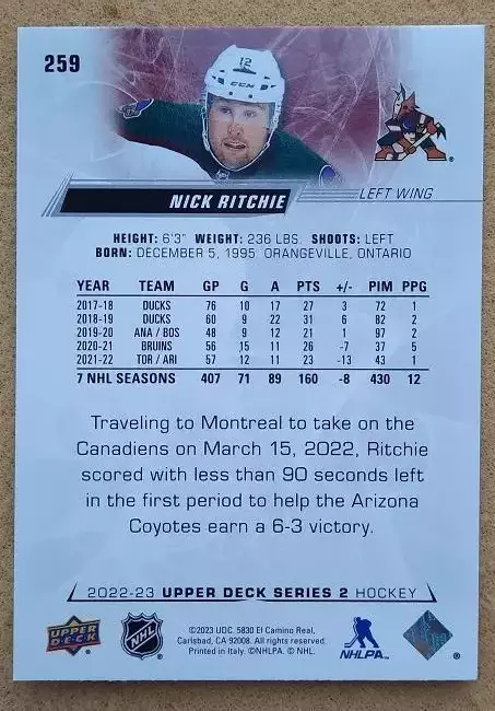 НХЛ Николас Ричи Аризона Койотис № 259 1