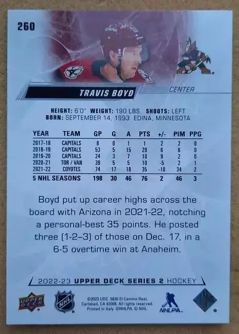 НХЛ Трэвис Бойд Аризона Койотис № 260 1
