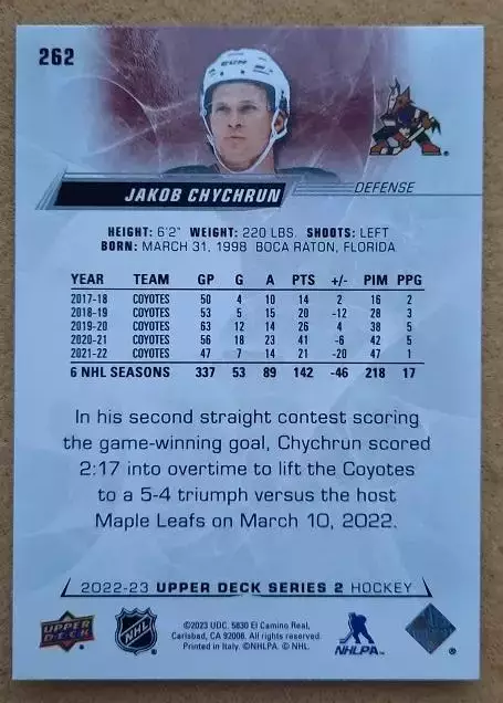 НХЛ Якоб Чичрун Аризона Койотис № 262 1