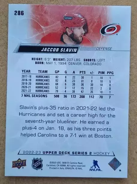 НХЛ Якоб Слэвин Каролина Харрикейнз № 286 1