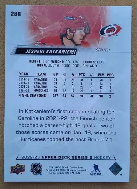 НХЛ Йеспери Котканиеми Каролина Харрикейнз № 288 1