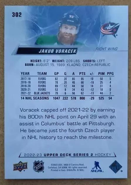 НХЛ Якуб Ворачек Коламбус Блю Джекетс № 302 1