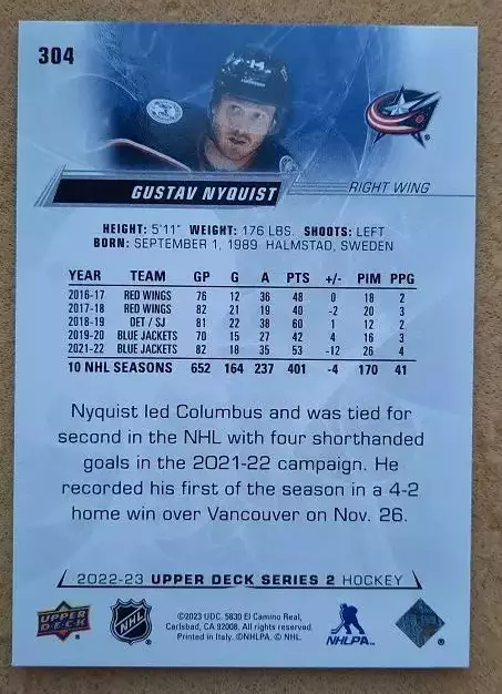 НХЛ Густав Нюквист Коламбус Блю Джекетс № 304 1