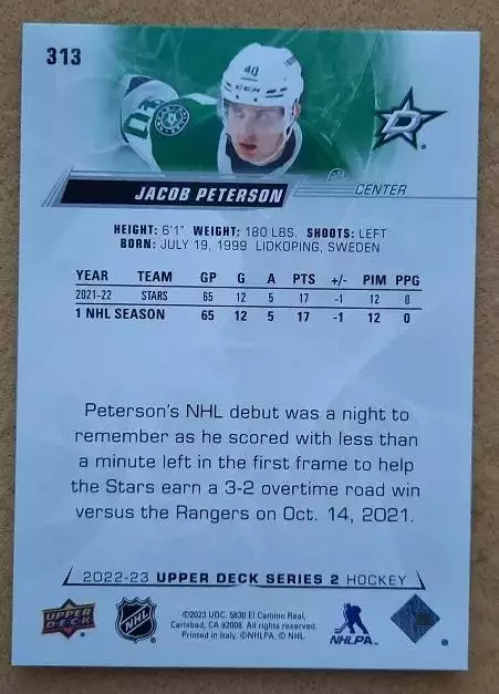 НХЛ Джейкоб Петерсон Даллас Старз № 313 1