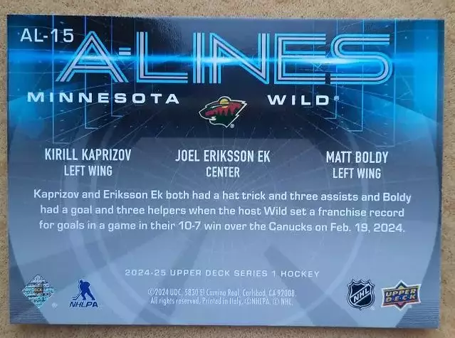 НХЛ Кирилл Капризов Миннесота Уайлд Новокузнецк Уфа ЦСКА Москва № AL - 15 1