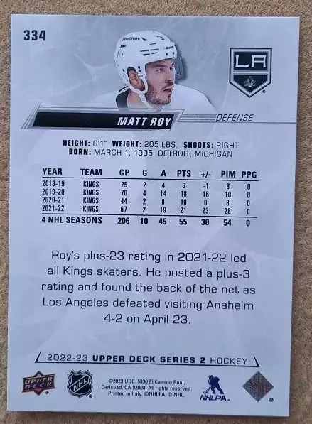 НХЛ Мэтт Рой Лос-Анжелес Кингз № 334 1