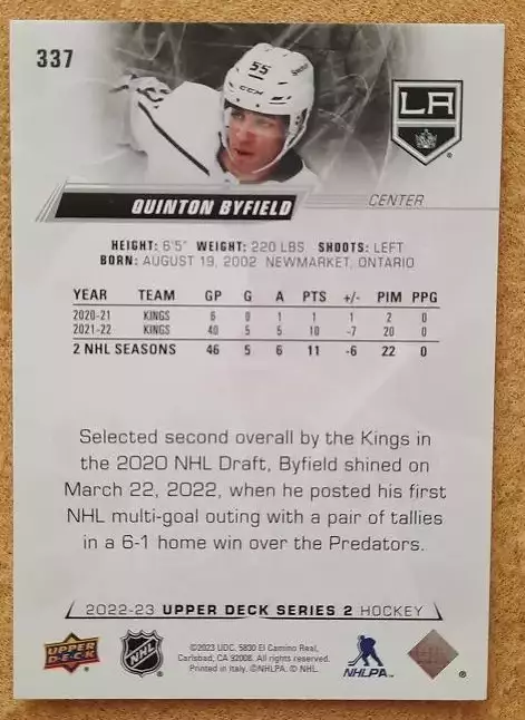 НХЛ Куинтон Байфилд Лос-Анджелес Кингз № 337 1