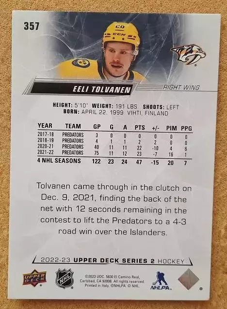 НХЛ Ээли Толванен Нэшвилл Предаторз № 357 1