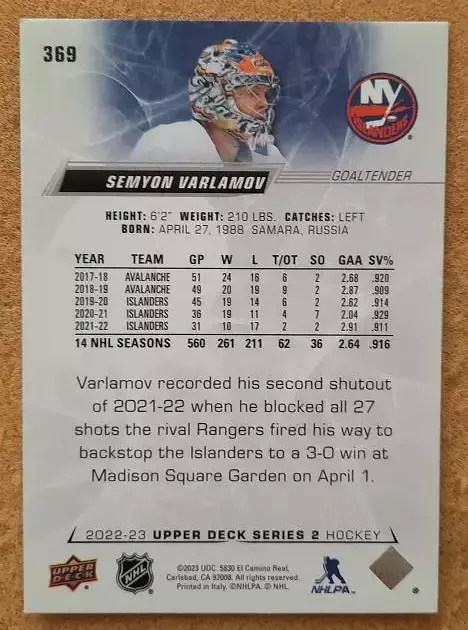 НХЛ Семен Варламов Нью-Йорк Айлендерс Локомотив Ярославль № 369 1